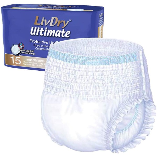 LivDry Adult Incontinence Underwear, Ultimate Comfort Absorbency, Leak Protection, Large, 15-Pack