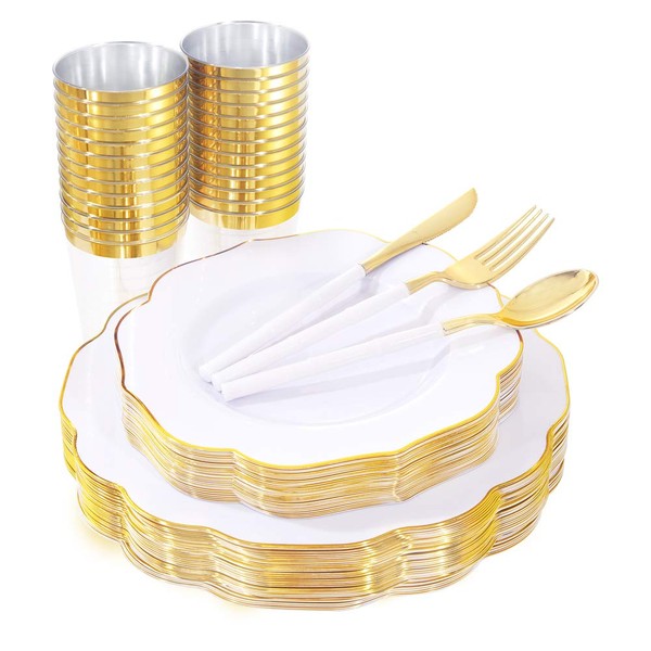 bUCLA 180PCS Gold Plastic Plates - White And Gold Plastic Plates With Bamboo Design Disposable Silverware& Plastic Cups- Gold Plastic Dinnerware Includes 60Plates, 30Cups, 30Forks, 30Knives, 30Spoons