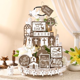 Ziliny 28 Pcs Easter Tiered Tray Decor He is Risen Tiered Tray Decorations Set Wooden Decorative Trays Farmhouse Rustic Tiered Tray for Home Farmhouse Kitchen Decorations