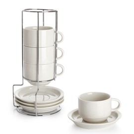 Sweese 8 Ounce Porcelain Stackable Cappuccino Cups with Saucers and Metal Stand - for Specialty Coffee Drinks, Cappuccino, Latte, Americano and Tea - Set of 4, Dove Grey