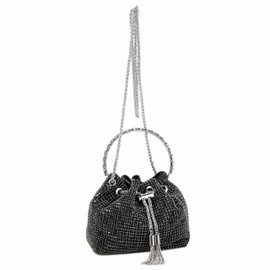 Women Rhinestone Tassel Bucket Bag Sparkling Evening Clutch Diamond Purse with Detachable Strap for Wedding Party, Black