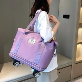 Expandable & Foldable Rolling Duffle Bag with Wheels, Large Capacity Carry-On Luggage with Dry Wet Separation, Waterproof Lightweight Travel Weekend Bag for Women Men (Purple)