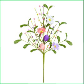 NICHBLOOM 18-Inch Easter Floral Spray with Daisies, Eggs and Berries – Purple, Pink, White Easter Decor for Home, Floral Arrangements, and Seasonal Displays