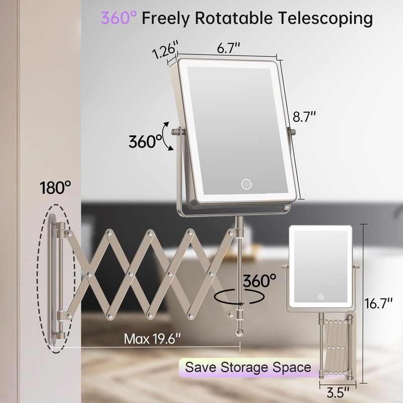 FASCINATE 5000mAh Rechargeable Wall Mounted Makeup Mirror with Lights, 8.7