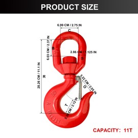 SCIEO 11 Ton Swivel Hook for Lifting - Heavy Duty Swivel Lifting Hook with Safety Latch | Self Locking Rigging Swivel Hook Grade 80 Hoist Swivel Eye Sling Hook for Crane with 24250 lbs Load Capacity