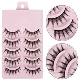 Natural False Eyelashes, Manga Lashes with Clear Band, Spiky Wispy Eyelashes, Natural Look, 5 Pairs, Reusable Fake Lashes