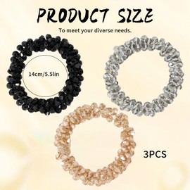 3PCS Rhinestone Hair Ties,Fashion Elastic Ponytail Holders Hair Bands,Chamapgne Glitter Hair Scrunchies,Shiny Elastic Scrunchies Beaded Hair Ties,Sliver Sparkly Hair Accessories for Ladies Women Girls