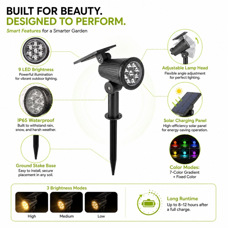 Solar Spot Light for Outdoor Decoration – 9-LED Adjustable Brightness