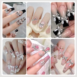 Nail Charms, Bow Nail Charms 3D Silver Bow Nail Art Decoration, 3D Acrylic Bow Nail Art Rhinestones Nail Gems for Women Acrylic Nail