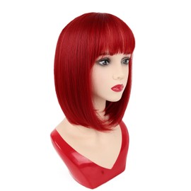 NOTICEME Red Bob Wig with Bangs, Short Straight Costume Red Wig for Women Cosplay, Synthetic Hair, 14in