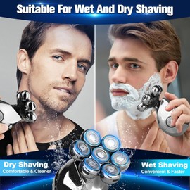 Electric Head Shaver for Bald Men, 6 in 1 Floating Head Razor with Nose Hair, Sideburns Trimmer, Face Brush, Upgrade 7D Rotary Shaver with Type-C Charger, LED Display & Waterproof Wet/Dry Design