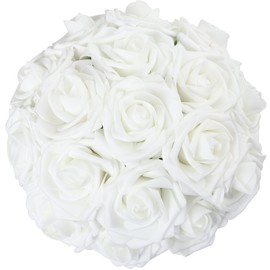 Alifst 50pcs Artificial Flower，Real Touch Artificial Foam Roses Decoration DIY for Wedding Bridesmaid Bridal Bouquet Centerpieces Party -White