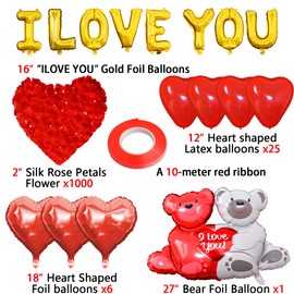 I LOVE YOU Balloons | Valentine's Day Balloons Party Decoration | Silk Rose Petals | Heart Shaped Balloons | Love Bear Balloons