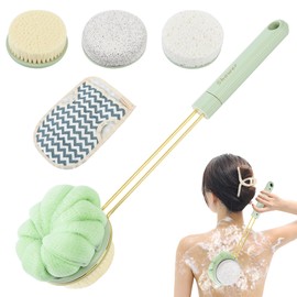 Tronmer Premium Bath Brush | Double-Sided Availability|Shower Ball, Shower Ball, Pumice and Natural Sponge Heads | Effortless Full-Body Cleanse | Extra Long, Comfort-Grip Handle (Green)
