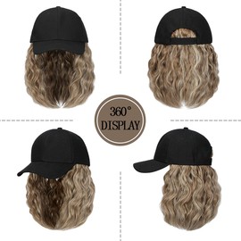 Qlenkay Baseball Cap Hair with 14 inch Wave Curly Bob Hairstyle Adjustable Wig Hat Attached Short Extensions Synthetic for Women Mid Brown Mix Blonde