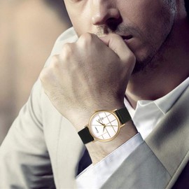 JewelryWe Men's Women's Watches Quartz Analogue Date Calendar 30 m Waterproof Watch Unique Geometric Design Watch with Leather Genuine Leather Strap, gold, Christmas Day, birthday