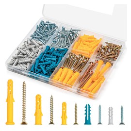 270 Pcs Screws and Wall Plugs Set,Masonry Brick Concrete Fixings Plugs Assortment Kit,Rawl Plugs and Screws in Compartment Box,Zinc Galvanized 5 Different Size.