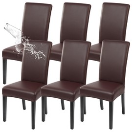 SearchI Waterproof PU Leather Dining Chair Covers Set of 6, Stretch Oilproof Parsons Chair Slipcovers Removable Washable Kitchen Chair Protector for Dining Room (Brown)