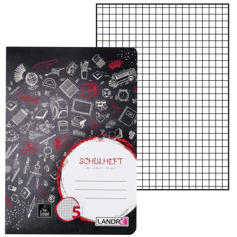 Landré Schulheft A5, 16 Blatt, Lineatur 5, kariert, 10 Stück