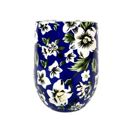 Blue with White Flower Stemless Wine Tumbler with Lid Included - 12 oz Double Insulated Stainless Steel Wine Glass to Keep Wine, Drinks, and Champagne Ice Cold
