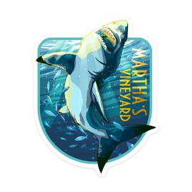 Die Cut Sticker Martha's Vineyard, Massachusetts, Stylized Great White Shark, Vinyl Sticker 3 to 6 inches, (Waterproof Decal for Cars, Water Bottles, Laptops, Coolers), Large