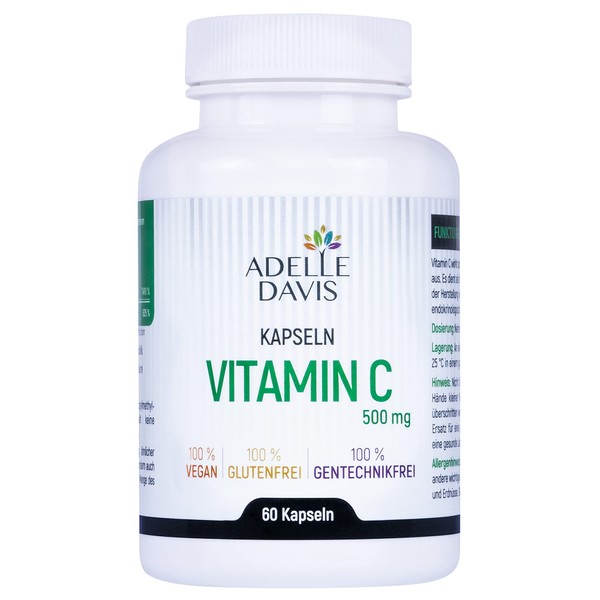 Adelle Davis® Vitamin C 500 mg High Dosage, 60 Capsules - 1 Capsule per Day = Two Month Supply, Pharmaceutical Quality, Vegan, GMO Free, Soy and Gluten Free