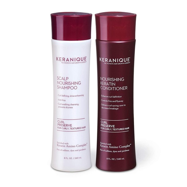 Keranique Curl Preserve Shampoo and Conditioner Duo Set for Curly, Textured Hair – Sulfate Free, Paraben Free, Anti Breakage 8 fl oz.