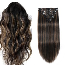 Clip in Hair Extensions Real Human Hair, Seamless Clip ins Real Human Hair for Women, Remy Human Hair Clip in Extensions, Double Weft 8pcs 16 inch Balayage Natural Black to Chestnut Brown