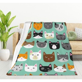 HGOD DESIGNS Cat Flannel Fleece Bed Blanket 130x150cm Cartoon Curte Cat Face Pattern Throw Blanket Lightweight Cozy Plush Blanket for Bedroom Living Rooms Sofa Couch