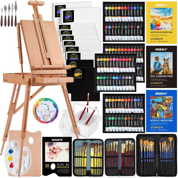 MERRIY 155-Piece All-in-One Artist Painting Kit with French Easel, 48 Colors Acrylic Paints, 24 Colors Oil Paints, 24 Colors Watercolor Paints, Professional Paint kit for Adult, Artist, Beginner