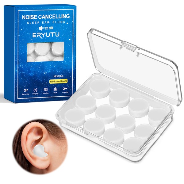 Pack of 12 Soft White Earplugs, Reusable Rounded Earplugs for