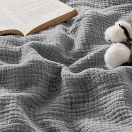 Bedsure 100% Cotton Muslin Throw Blanket Twin XL - 4-Layer Breathable and Lightweight Muslin Blanket for Summer, Soft Gauze Fall Blanket for Bed, Grey, 66x90 Inches