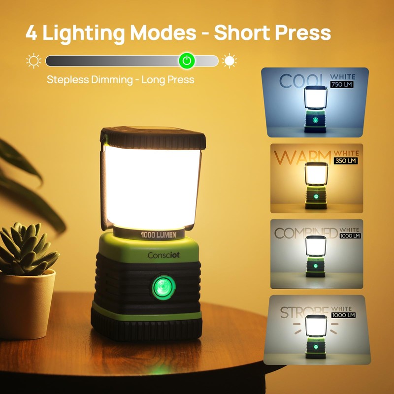Consciot LED Battery Powered Camping Lantern, 1000LM, 4 Light Modes,