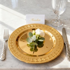 ZENOVLUX 6 Pack 13'' Gold Party Chargers Reusable Large Plates, Greek Key Pattern Great for Easter Elegant Party's Weddings Tableware Great for Serving dish