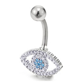 COOLSTEELANDBEYOND White and Light Blue Cubic Zirconia Pave Evil Eye Belly Chain Belly Button Ring Piercing Navel Ring