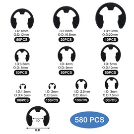 Circlip Set 580 Pcs Black Carbon Steel E-Clip Kit with Storage Box External Retaining Rings Snap Opening Rings 10 Sizes C-Clip Assortment Set (M1.5-M10)