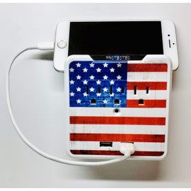 Glamsockets Decorative Wall Mount Surge Protector with 3 Outlets, Dual USB Charging Ports and Phone Holder - USB Charging Center/Multi Function Wall Tap (Vintage American Flag)