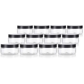 JUVITUS 8 oz Clear Plastic Low Profile Jar with Black Smooth Lids (12 Pack)