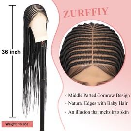 Zurffiy 13x8 Inch HD Lace Front Braided Wigs for Women Cornrow Braided Wigs Box Braid Wig With Baby Hair Braids Lace Frontal Wigs 36" Black Human Hair Blended Braided Lace Front Wig