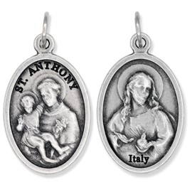 Bulk Pack of 5 - Saint St Anthony of Padua and Sacred Heart of Jesus Pendant Medal for Necklace -1" Oval Catholic Christian Silver Oxidized Finish St Anthony Medal Made in Italy Supplies Rosary Making
