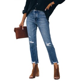 Lesore Womens Jeans Plus Size High Rise 2024 Straight Leg Crop Distressed Jeans Destroyed Denims Jeans Blue Size 32