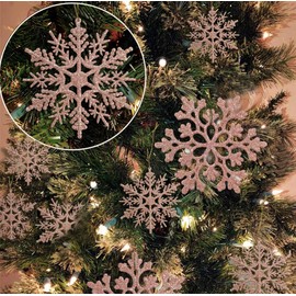 36pcs Christmas Rose Gold Snowflake Ornaments Plastic Glitter Snow Flakes Ornaments for Winter Christmas Tree Decorations Size Varies Craft Snowflakes