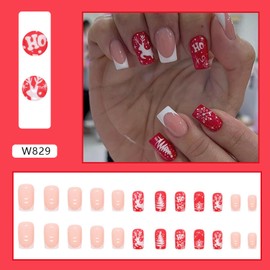 White Snowflake Elk Christmas Tree Fake Nails Medium Winter Xmas Press on Nails Square French Tip Acrylic Nails Glossy Full Cover Glue on Nails Reusable Stick on Nails for Women DIY New Year Manicure