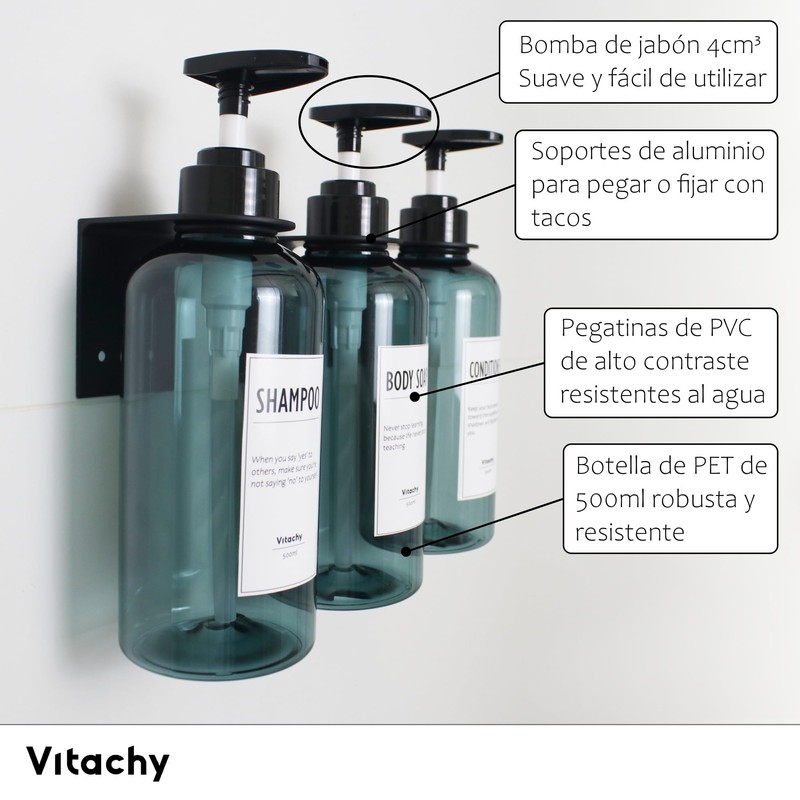 VITACHY. Pack of 3 Blue Plastic Bathroom Soap Dispenser with