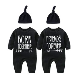 YSCULBUTOL Baby twins bodysuit with hat Born together friend forever baby boy clothes Toddler girl clothes Baby shower (black BB 6M)