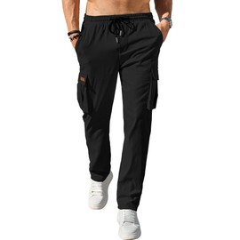 Comdecevis Men's Casual Cargo Pants Workout Joggers Stretch Sweatpants Hiking Drawstring Tactical Pants with Multi Pockets Black