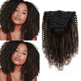 Sassina Kinky Curly Clip in Hair Extensions Invisible Curly Clip ins for African American Women Two Tone Natural Black to Chocolate Brown Thick Full Head Clip ins 120 Gram 14 Inch 7 Pcs #T1B/1BP4