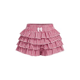 BEAUDRM Women's Y2K Gingham Short Elastic Waist Bow Knot Shorts Tiered Layer Ruffle Mini Shorts Red and White Medium