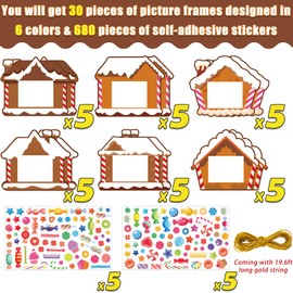 Kepeel 30 Packs Christmas DIY Picture Frames Craft Kit for Kids, Xmas Gingerbread House Candy Photo Frames Ornaments for Christmas Decorations Favor Fall Art Gift Classroom Home Activities