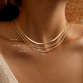 Finrezio 3PCS 14K Gold Plated Layering Necklaces for Women Herringbone Necklace Dainty Gold Necklace Set Snake Chain, Cuban Link, Herringbone Chain Twist Layered Chains Gold Chain Choker Necklaces Silver Layered Necklaces